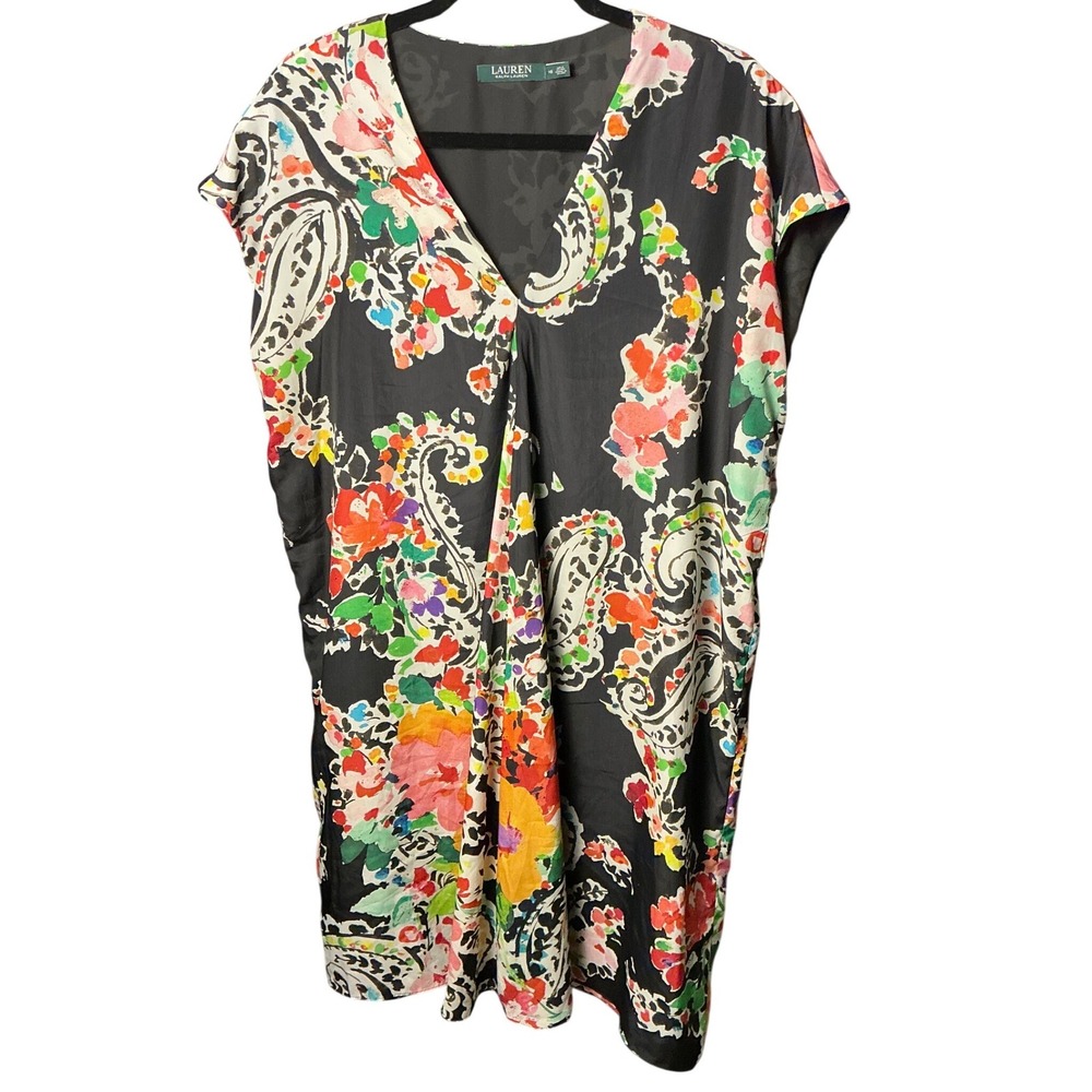 Lauren Ralph Lauren Floral Paisley V-Neck Shift Dress Black Multi Color Size 16